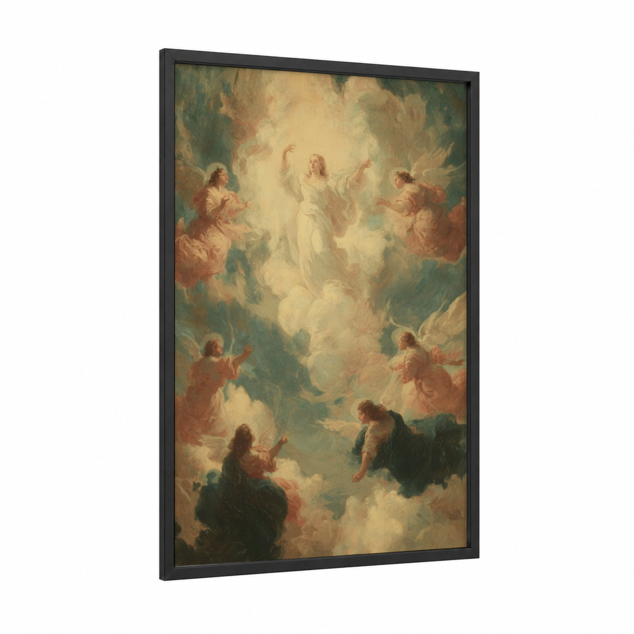 Heavenly Ascension framed virgin mary print — black wood frame — cream and gold palette