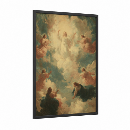 Heavenly Ascension framed virgin mary print — black wood frame — cream and gold palette