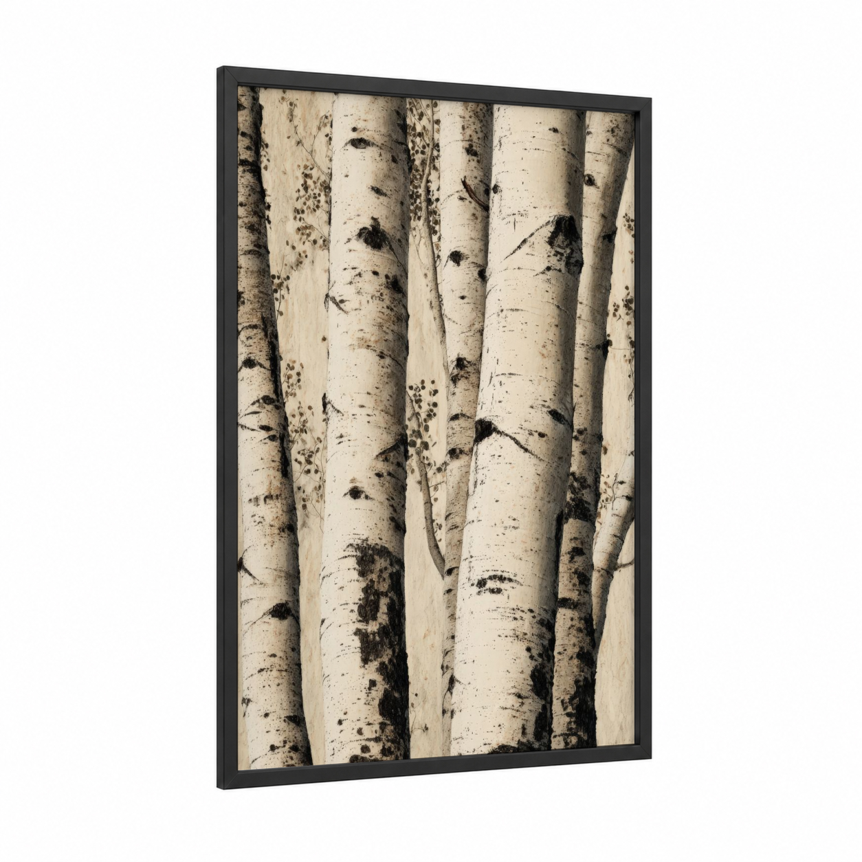 Serene Aspen Grove framed aspen forest print — black wood frame — cream and beige palette