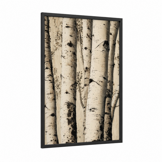 Serene Aspen Grove framed aspen forest print — black wood frame — cream and beige palette