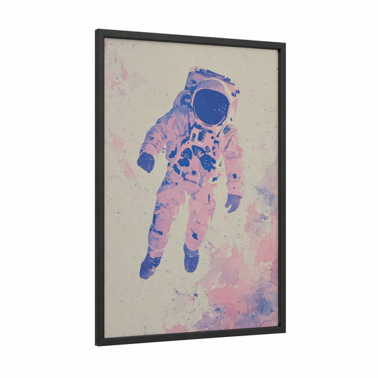Cosmic Astronaut framed art print — black wood frame — pink and blue palette