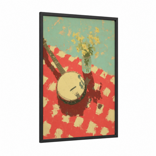 Vintage Banjo framed art print — black wood frame — red and turquoise palette