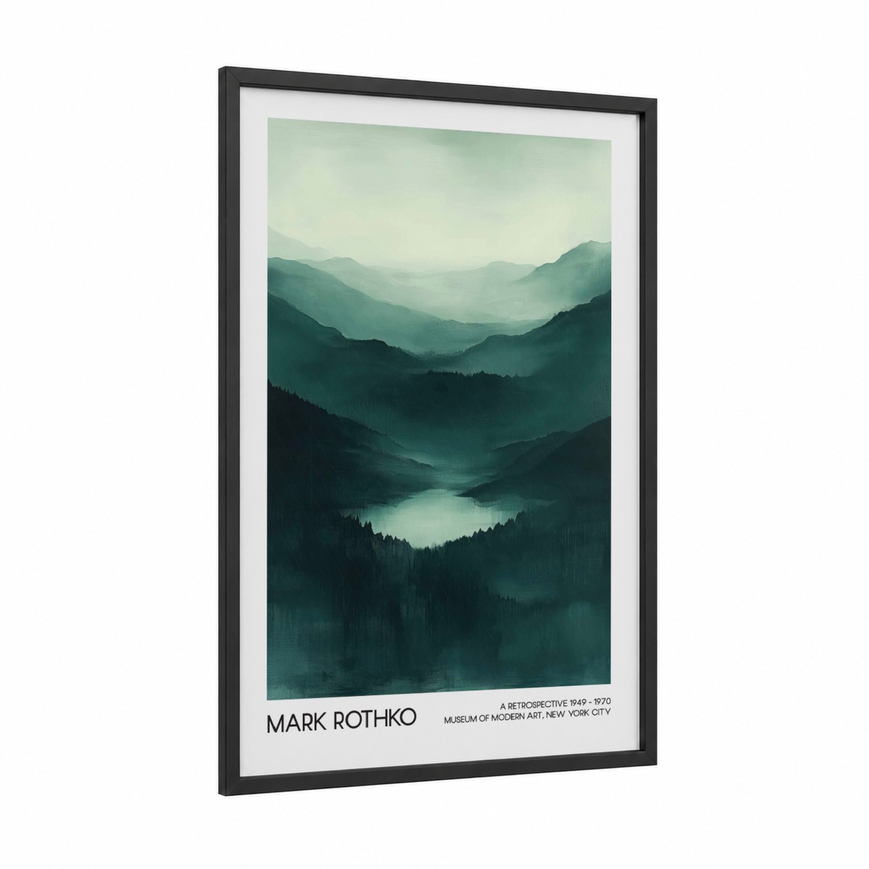 Misty Mountain Valley framed abstract classic print — black wood frame — dark green and gray palette