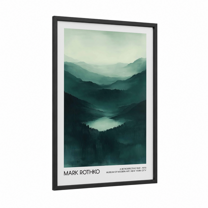 Misty Mountain Valley framed abstract classic print — black wood frame — dark green and gray palette