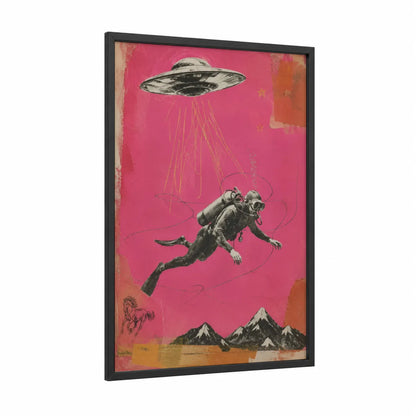 UFO Abduction Diver Surreal Wall Art framed art print — black wood frame — pink and magenta palette