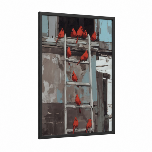 Cardinal Gathering framed art print — black wood frame — red and white palette