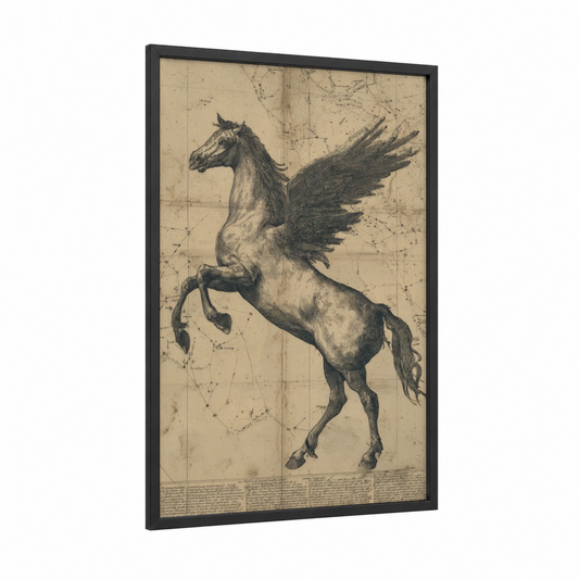 Celestial Pegasus framed art print — black wood frame — cream and black and white palette
