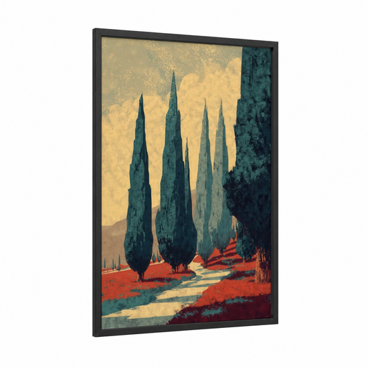 Tuscan Cypress Avenue framed cypress tree print — black wood frame — gold and teal palette