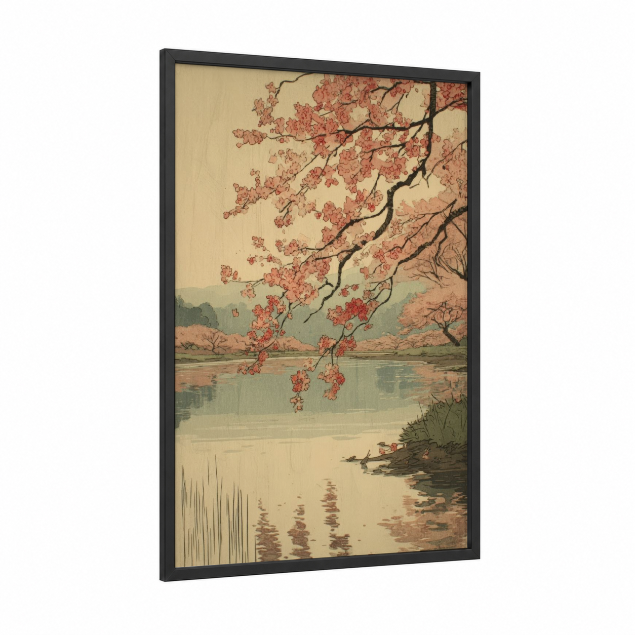 Cherry Blossom River framed rivers print — black wood frame — peach and sage green palette