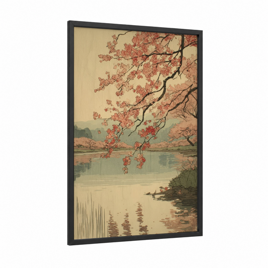 Cherry Blossom River framed rivers print — black wood frame — peach and sage green palette