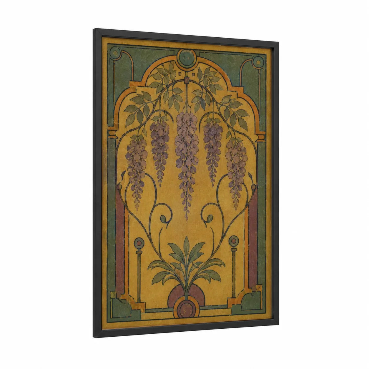Art Deco Wisteria Botanical Wall Art framed art print — black wood frame — gold and lavender palette
