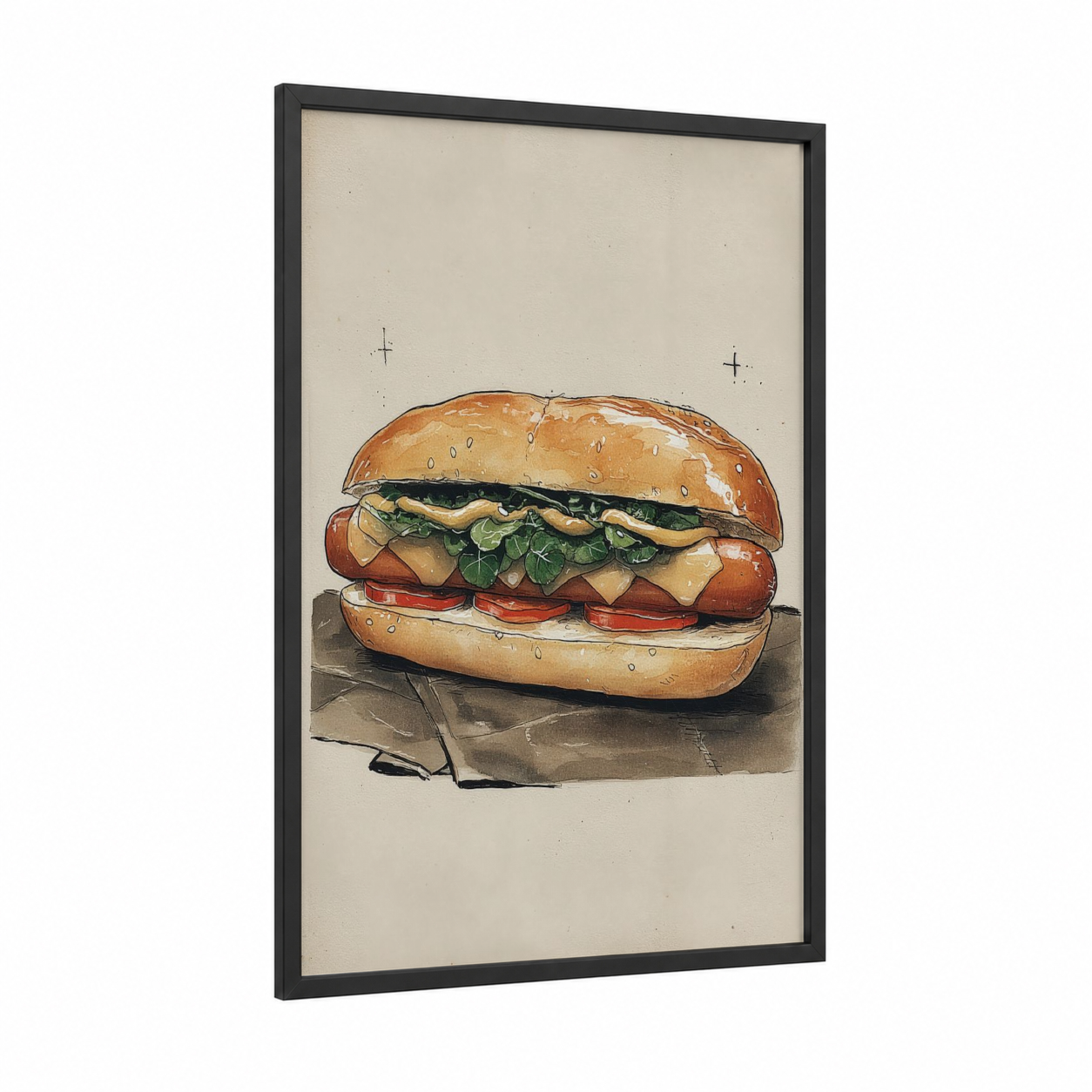Classic Burger Stack framed fast food print — black wood frame — cream and brown palette