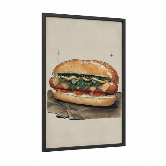 Classic Burger Stack framed fast food print — black wood frame — cream and brown palette