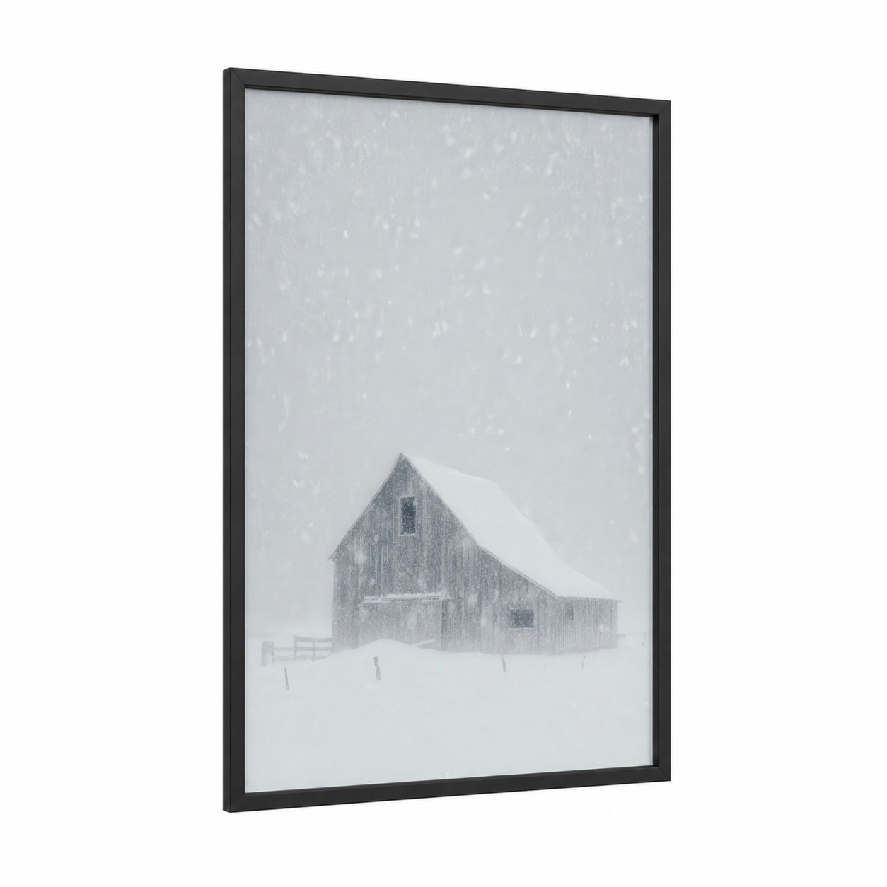Snowy Barn framed art print — black wood frame — gray and white and dove gray palette