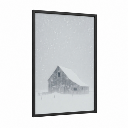 Snowy Barn framed art print — black wood frame — gray and white and dove gray palette