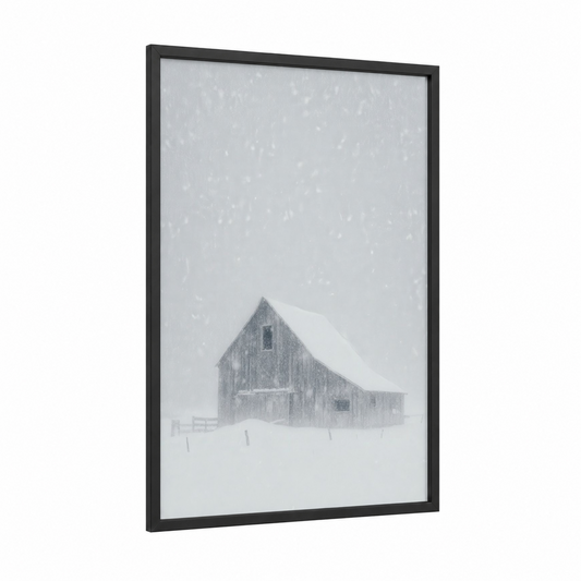 Snowy Barn framed art print — black wood frame — gray and white and dove gray palette
