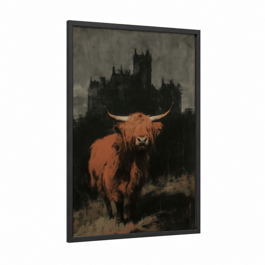 Castle Highland framed highland cow print — black wood frame — russet and black palette