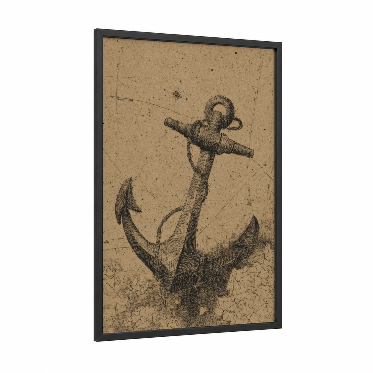 Vintage Anchor framed art print — black wood frame — beige and black palette