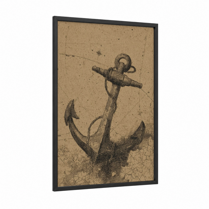 Vintage Anchor framed art print — black wood frame — beige and black palette
