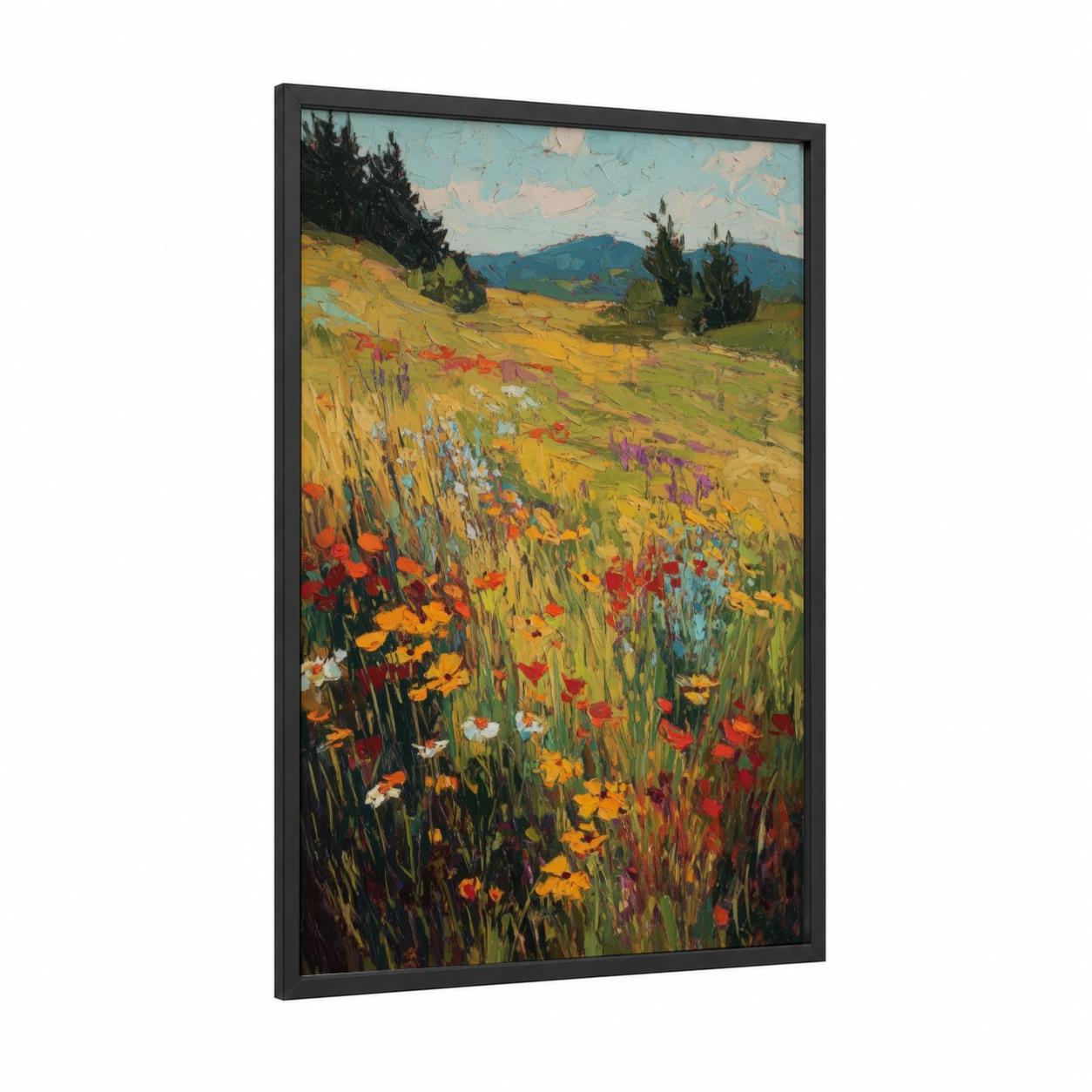 Alpine Wildflower Meadow framed alps print — black wood frame — gold and blue palette