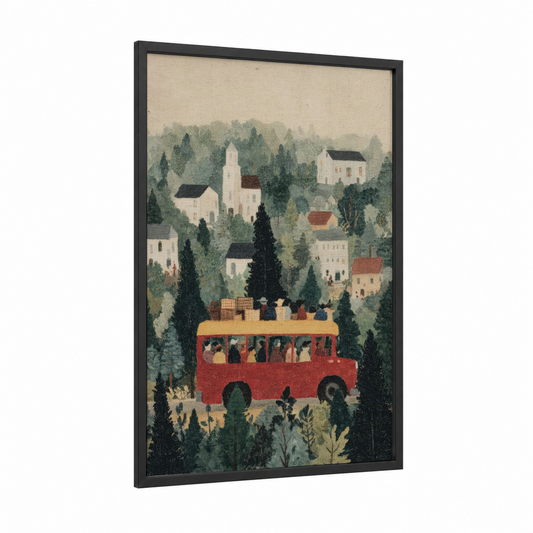 Crimson Village Bus framed art print — black wood frame — cream and true green palette