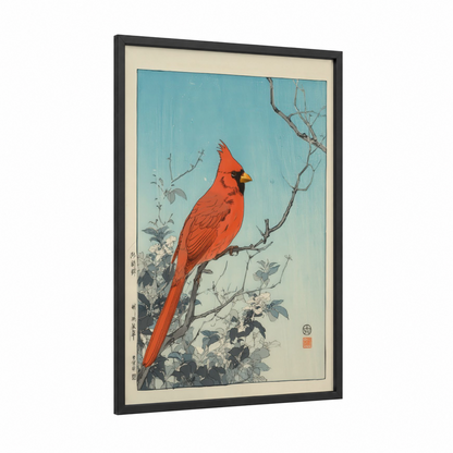 Scarlet Cardinal Branch framed art print — black wood frame — red and blue palette