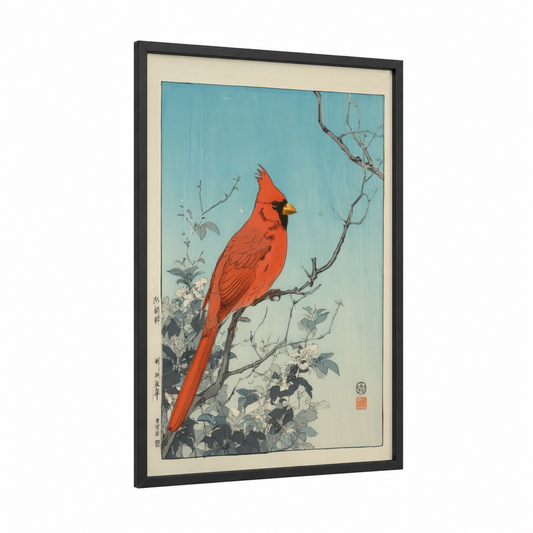 Scarlet Cardinal Branch framed art print — black wood frame — red and blue palette
