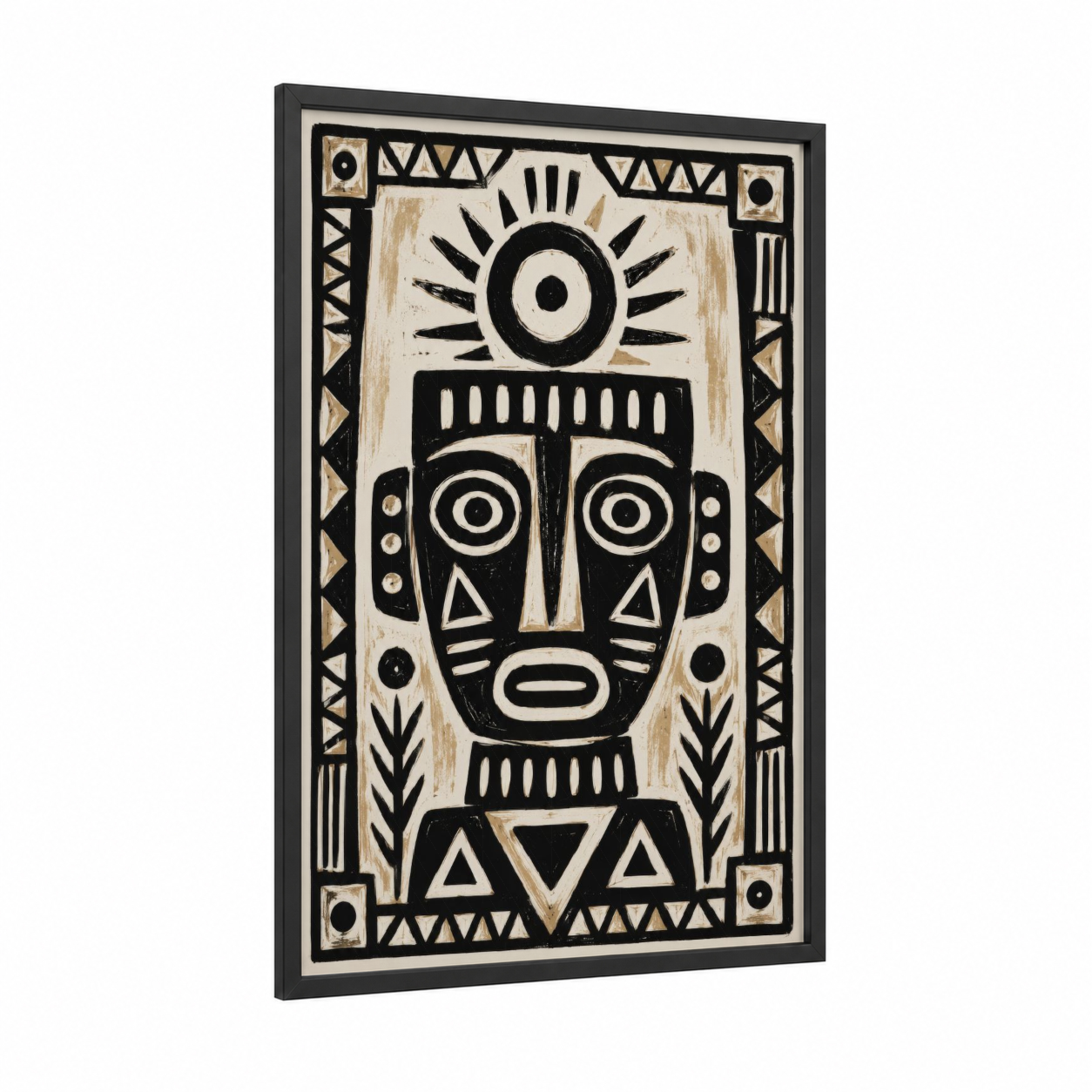 Tribal Mask Geometric Wall Art framed fantasy and sci fi print — black wood frame — black and white and beige palette