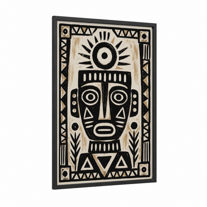 Tribal Mask Geometric Wall Art framed fantasy and sci fi print — black wood frame — black and white and beige palette