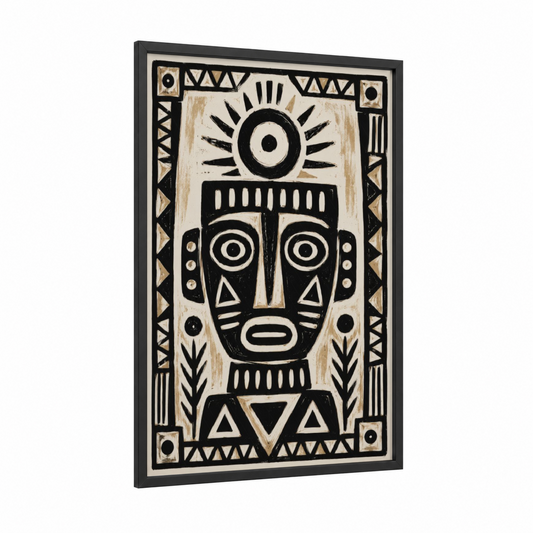 Tribal Mask Geometric Wall Art framed fantasy and sci fi print — black wood frame — black and white and beige palette