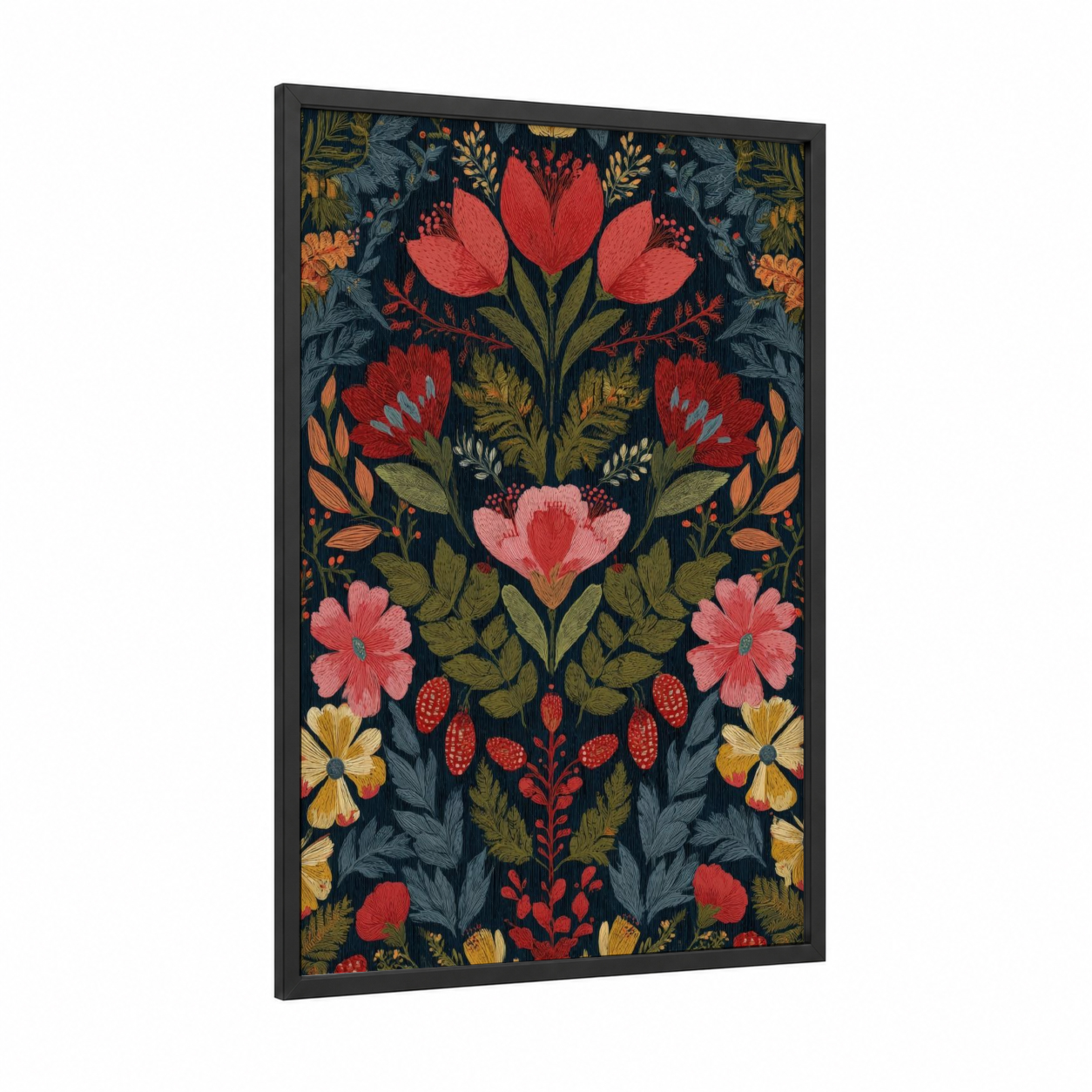 Crimson Orchid Garden framed art print — black wood frame — red and dark blue palette