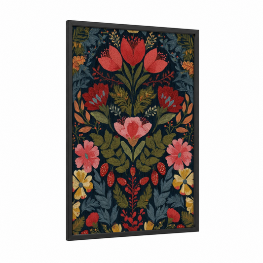 Crimson Orchid Garden framed art print — black wood frame — red and dark blue palette