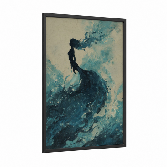 Ethereal Mermaid framed art print — black wood frame — teal and cream palette