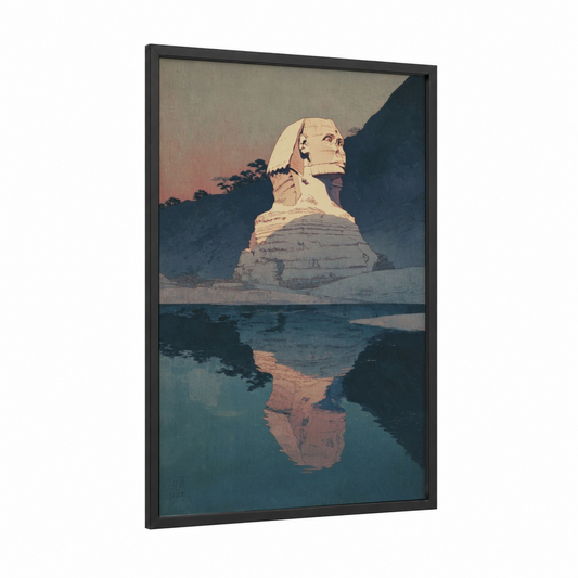 Sphinx Reflection framed art print — black wood frame — cream and teal palette
