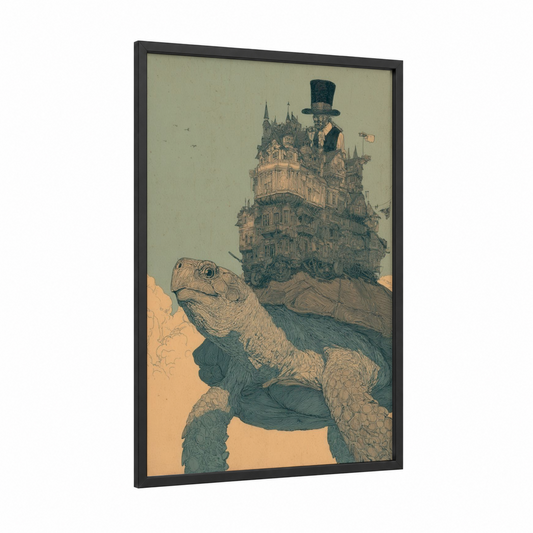 Castle Turtle framed art print — black wood frame — beige and dark green palette