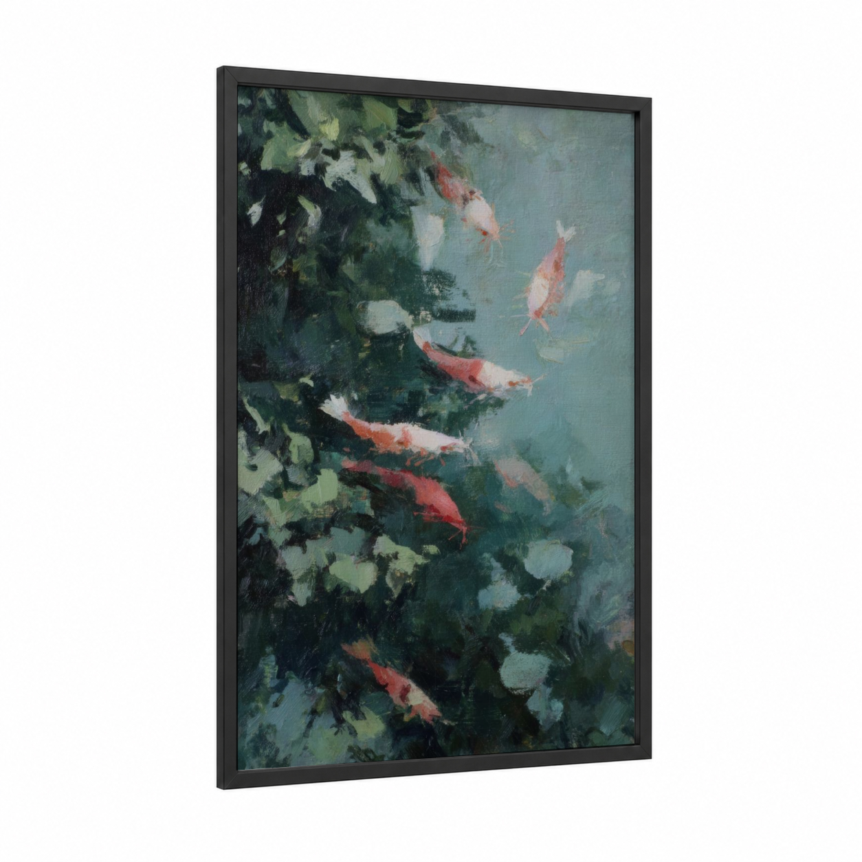 Garden Koi Dance framed shrimp print — black wood frame — teal and green palette