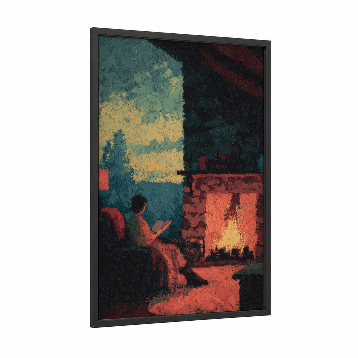 Solitary Reader framed reading print — black wood frame — teal and orange palette