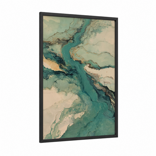 Turquoise Mountain Passage framed himalayas print — black wood frame — turquoise and cream palette