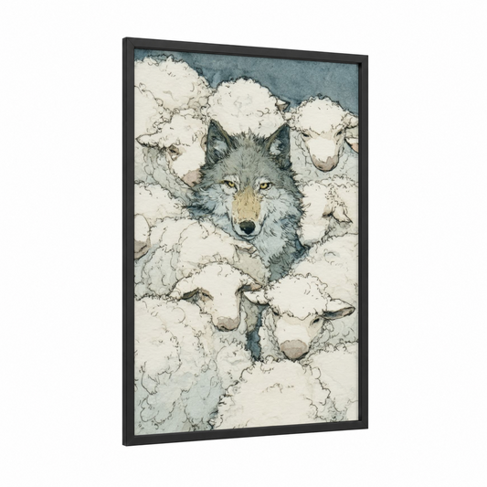 Cloud Wolf framed art print — black wood frame — gray and white and dove gray palette