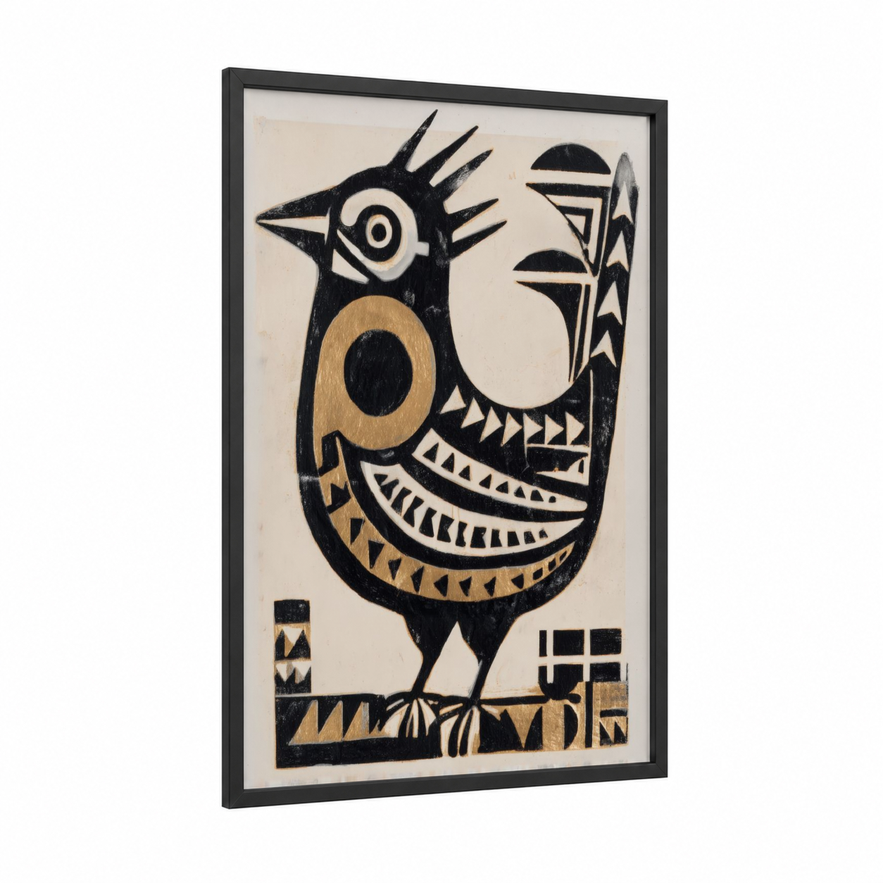 Geometric Rooster framed chicken and roosters print — black wood frame — black and white and gold palette