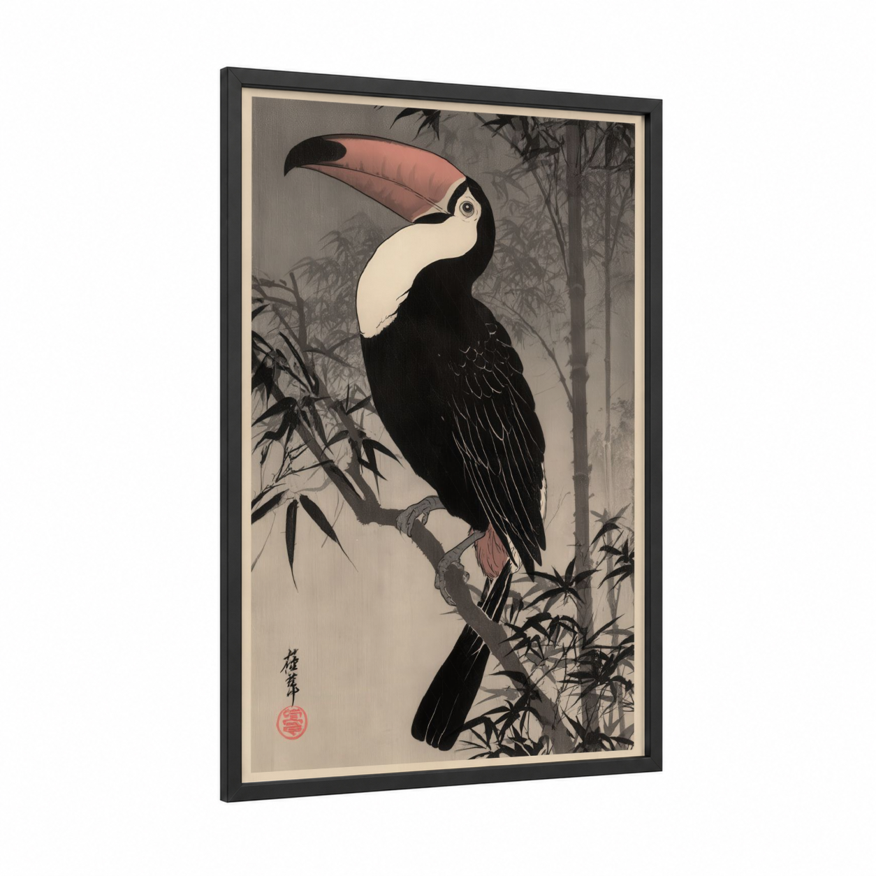 Bamboo Toucan framed art print — black wood frame — black and white and gray palette
