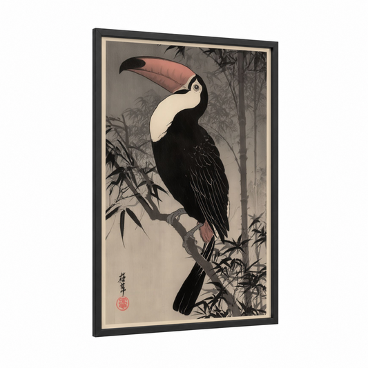 Bamboo Toucan framed art print — black wood frame — black and white and gray palette