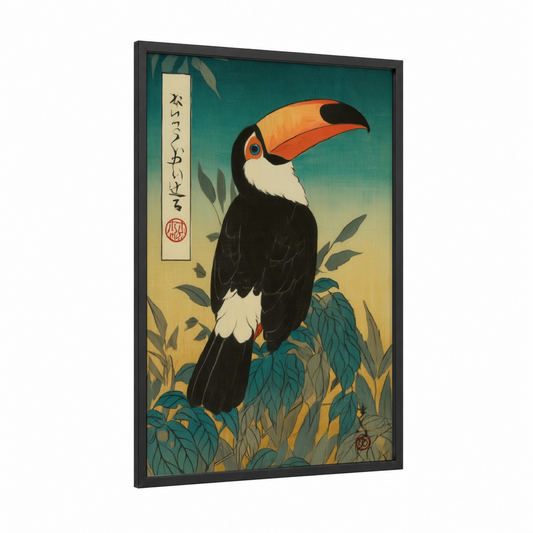 Tropical Toucan Portrait framed art print — black wood frame — teal and gold palette