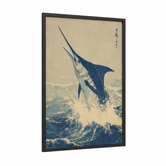 Jumping Marlin framed art print — black wood frame — blue and cream palette