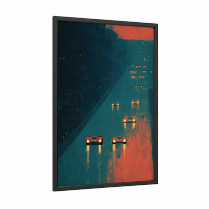 Neon Racing framed auto racing print — black wood frame — teal and red palette