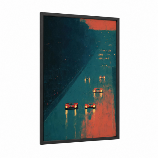 Neon Racing framed auto racing print — black wood frame — teal and red palette