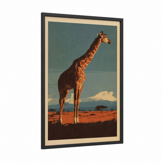 Savanna Giraffe framed art print — black wood frame — gold and teal palette