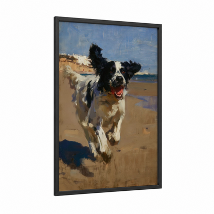 Joyful Beach Spaniel framed art print — black wood frame — blue and gold and black and white palette