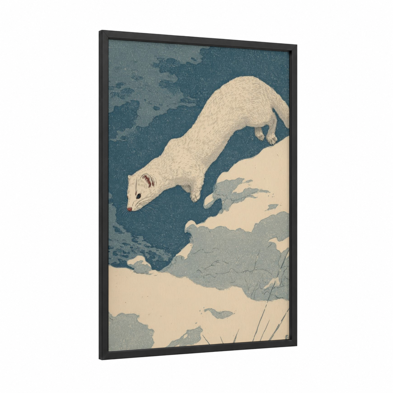 Arctic Weasel framed art print — black wood frame — teal and cream palette