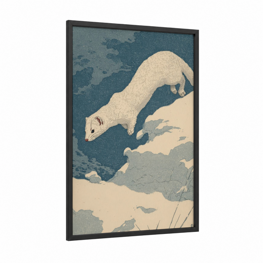 Arctic Weasel framed art print — black wood frame — teal and cream palette
